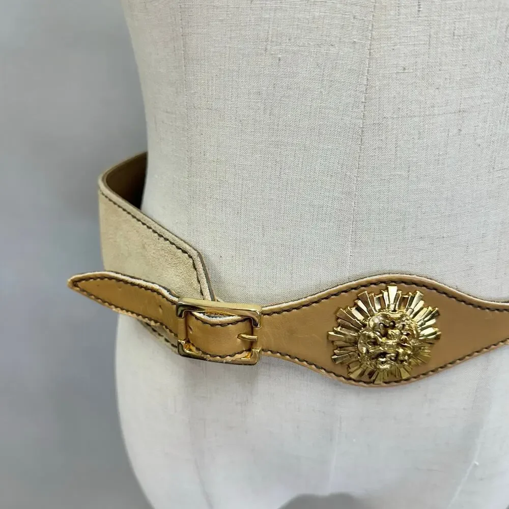 Vintage Suede Leather Waist Belt w/ Gold‎ Lion Medallion Statement Size Large